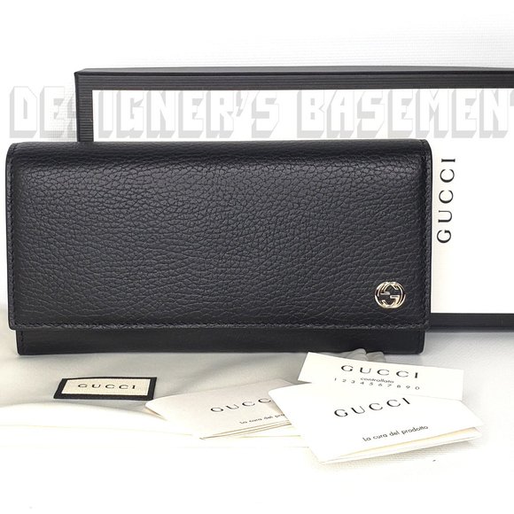 Gucci Handbags - GUCCI blck Pebble leather gold INTERLOCKING G Charm snap flap Continental Wallet